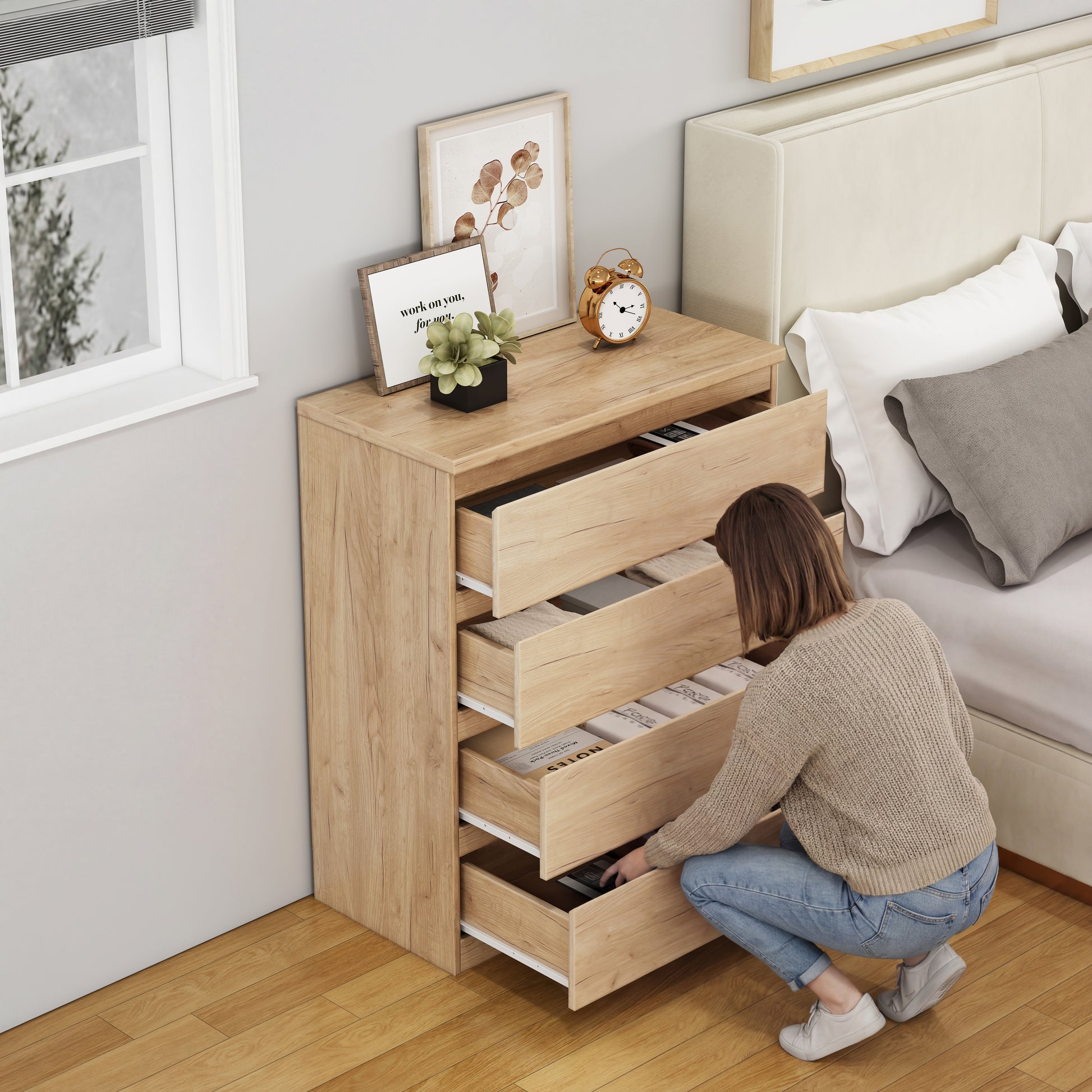 4 Drawer Dresser,Modern Storage Chest of Drawers,31.5In Natural Dresser for Closet with Handle-Free Design, Closet Chests Organizer for Bedroom, Living Room,Natural image 2