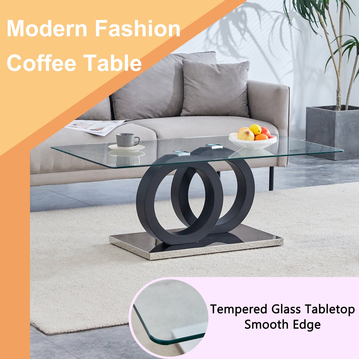 Modern Style Glass Top MDF Coffee Table with Black Base, Suitable for Living Rooms and Lounge Areas, with Product Dimensions of 47.2*25.6*17.8Inches. image 5