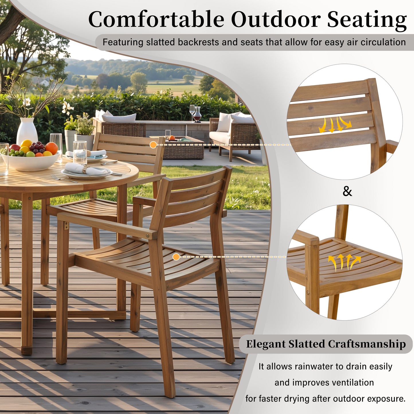 U_STYLE 5-Piece Outdoor Dining Set with 4 Acacia Wood Chairs,47.2" Round Dining Table with Slatted Design, Ideal for Patios, Gardens, Poolsides, and Lawn Areas & Indoor image 7