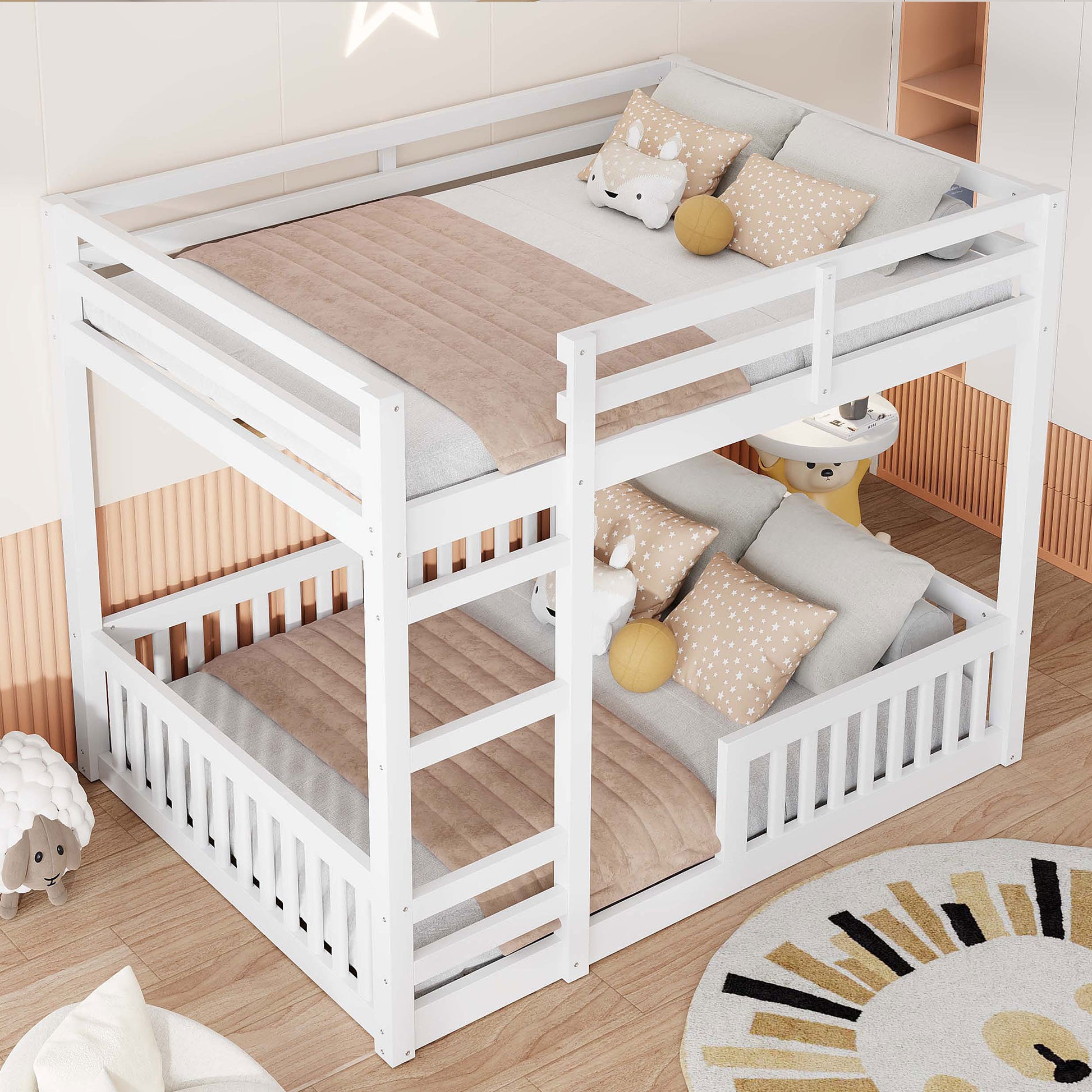 Full over Full Wood Bunk Bed with Ladder and Guardrails, White image 3