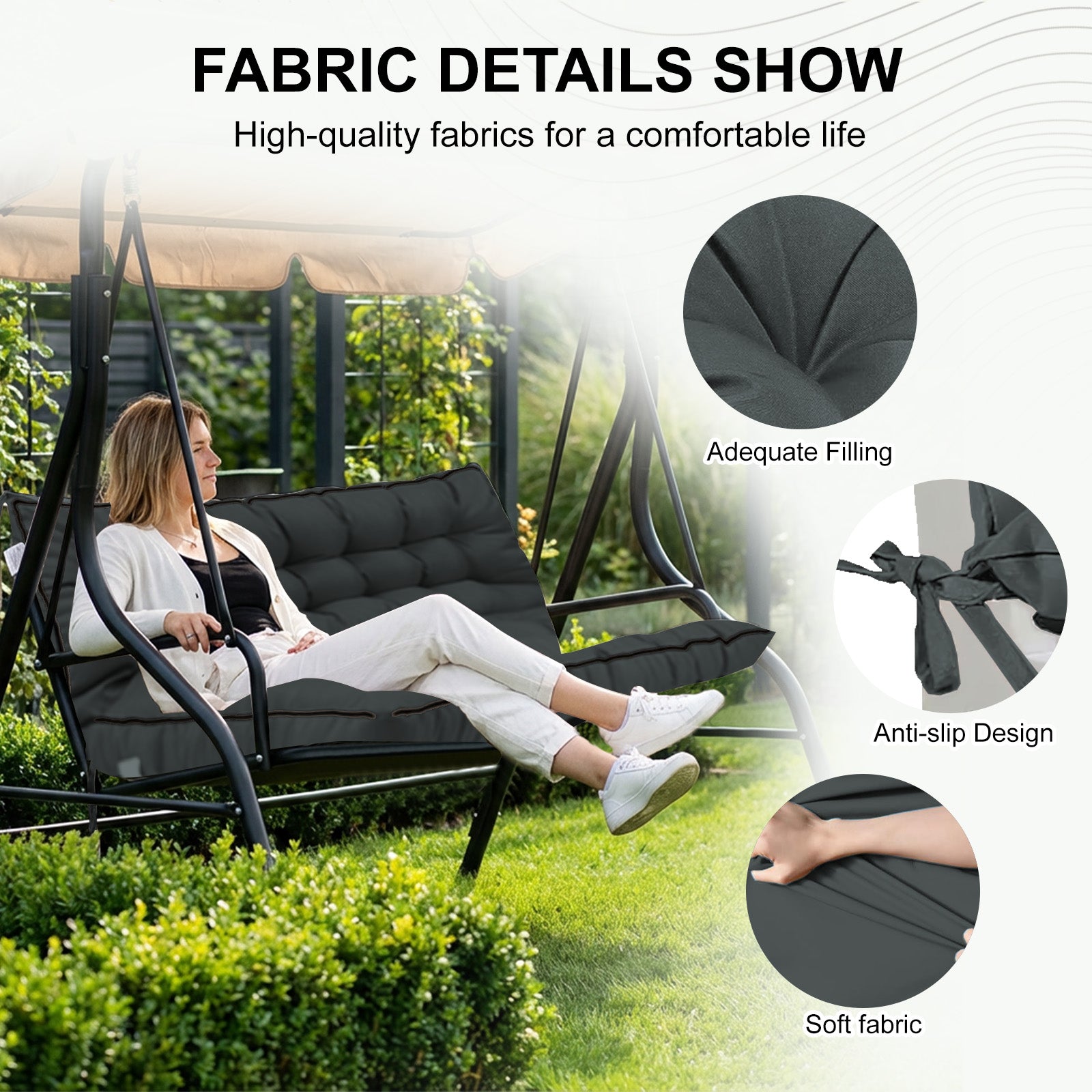 3 Seater Outdoor Porch Swing Cushion with Backrest, 4 Inch Extra Thick Waterproof Swing Replacement Cushion, 2-3 Seat Thicken Patio Bench Cushion for Garden Backyard Outdoor Furniture (dull grey) image 4