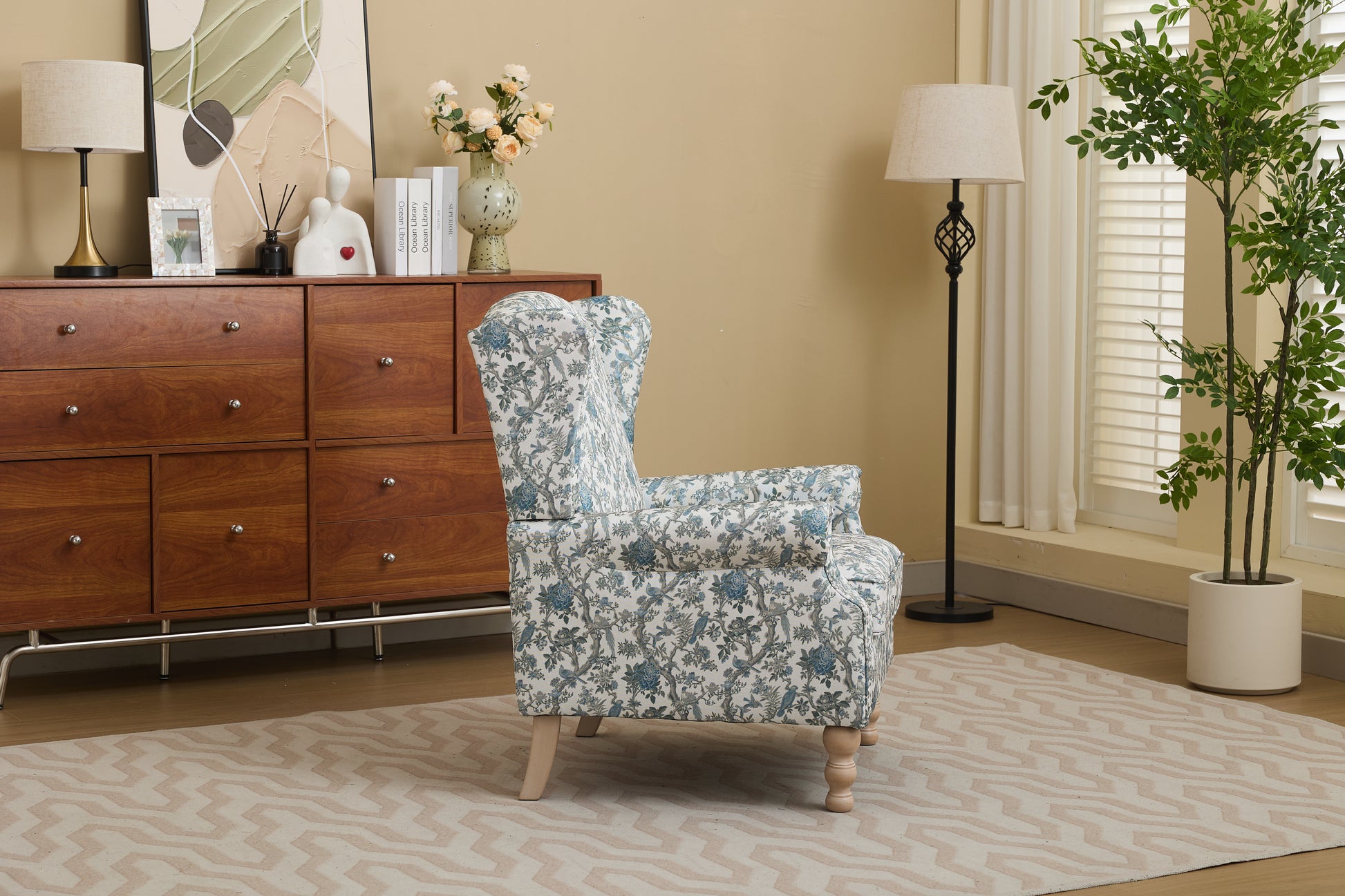 Modern Accent Chair with Retro Wood Legs, Comfy Upholstered Armchair, Floral Design Single Sofa Chair for Living Room Bedroom Office - Blue Bird image 4