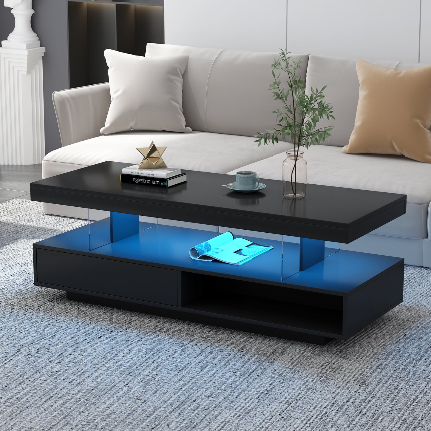 VIBE HAUS LED Coffee Table with Storage, Modern Center Table with 2 Drawers and Display Shelves, Accent Furniture with LED Lights for Living Room,Black image 1