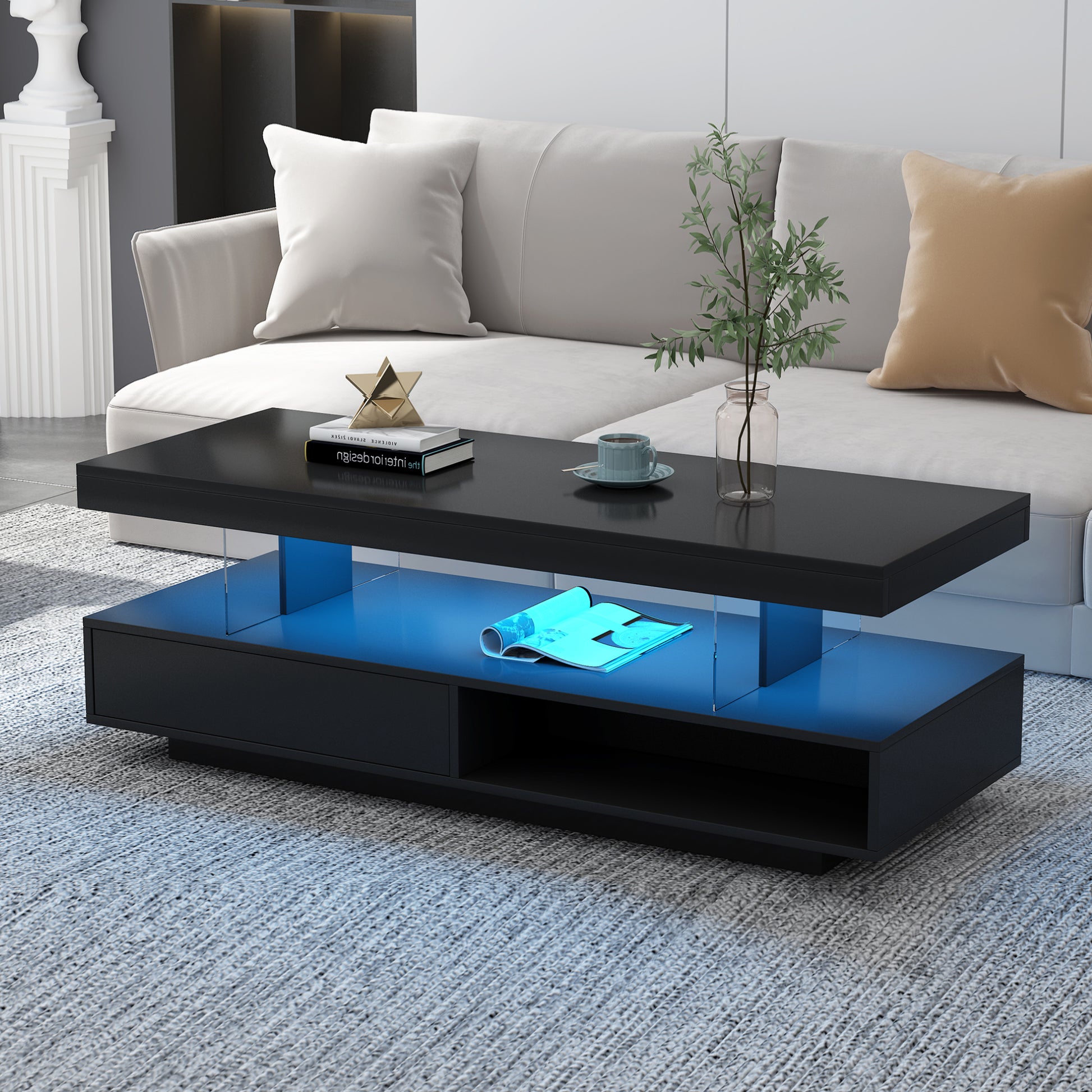 VIBE HAUS LED Coffee Table with Storage, Modern Center Table with 2 Drawers and Display Shelves, Accent Furniture with LED Lights for Living Room,Black image 1