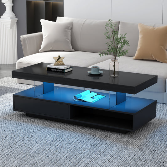 VIBE HAUS LED Coffee Table with Storage, Modern Center Table with 2 Drawers and Display Shelves, Accent Furniture with LED Lights for Living Room,Black image 1