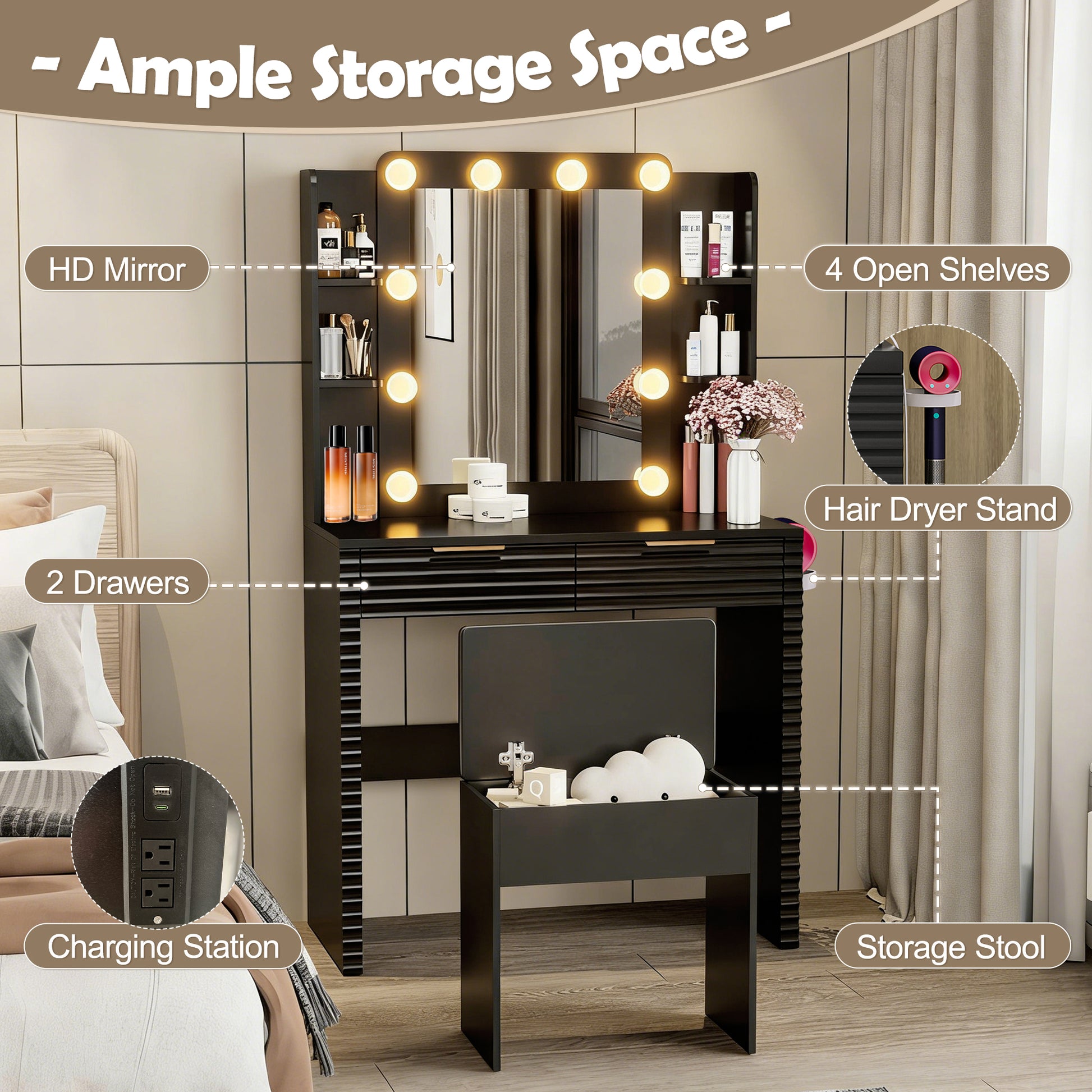 Makeup Vanity Desk with 10 Hollywood Bulbs, Fluted Dressing Table with Charging Station, 2 Drawers and 4 Open Shelves, Hairdryer Holder, Padded Stool with Storage, Black image 4