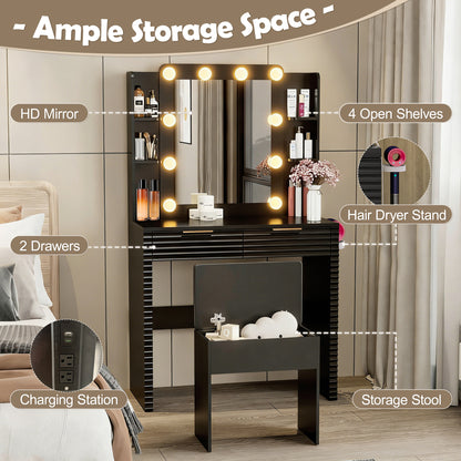 Makeup Vanity Desk with 10 Hollywood Bulbs, Fluted Dressing Table with Charging Station, 2 Drawers and 4 Open Shelves, Hairdryer Holder, Padded Stool with Storage, Black image 4