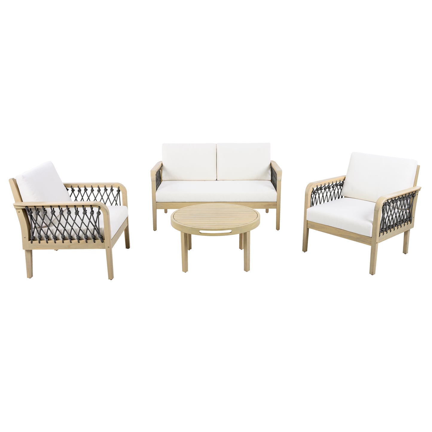 4-Piece Acacia Wood Outdoor Patio Furniture Set, All-Weather Conversation Sofa Set with Rope Woven Armrests, Removable Cushions for Backyard Garden,Light teak+Dark grey rope+Cream cushion image 3
