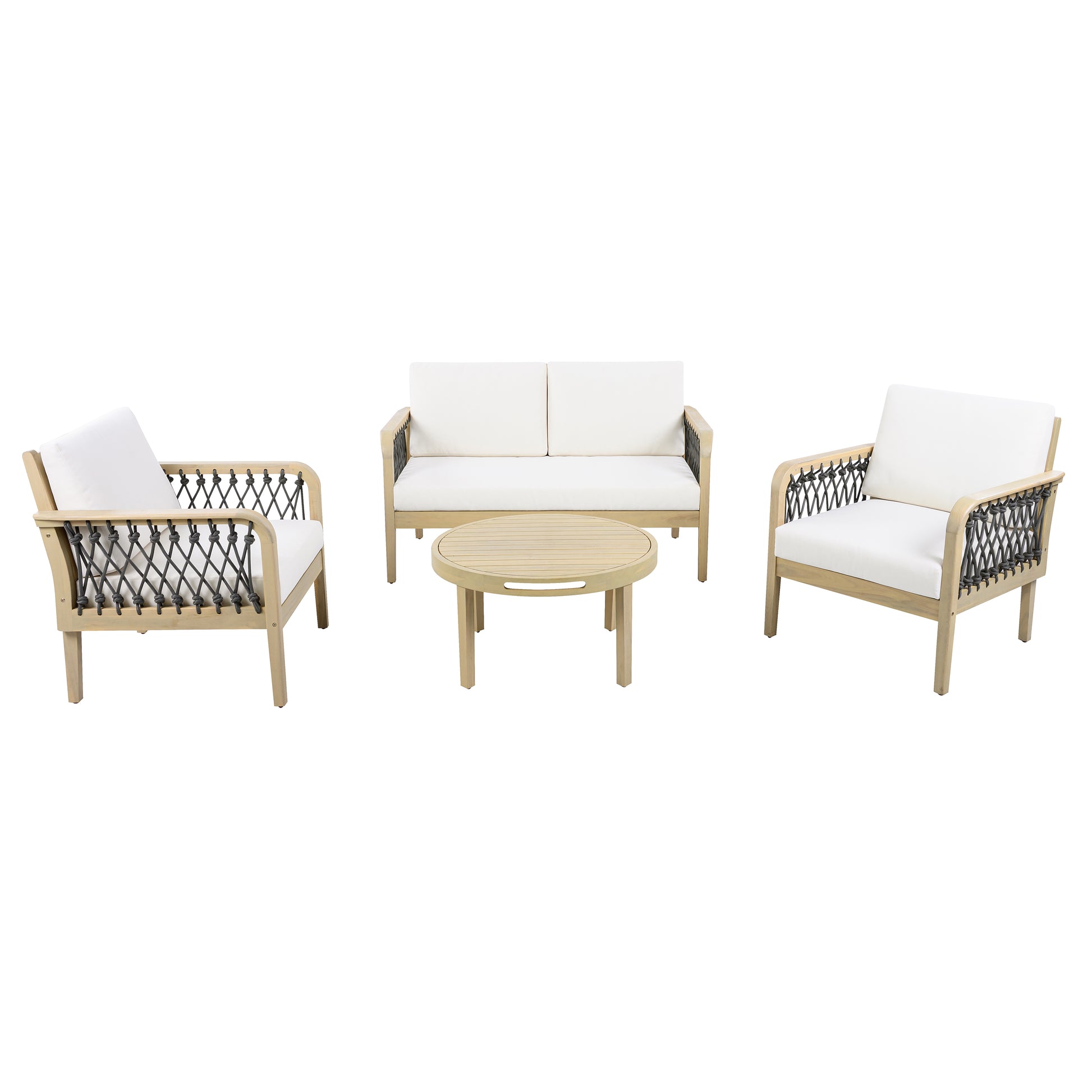 4-Piece Acacia Wood Outdoor Patio Furniture Set, All-Weather Conversation Sofa Set with Rope Woven Armrests, Removable Cushions for Backyard Garden,Light teak+Dark grey rope+Cream cushion image 3