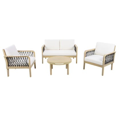 4-Piece Acacia Wood Outdoor Patio Furniture Set, All-Weather Conversation Sofa Set with Rope Woven Armrests, Removable Cushions for Backyard Garden,Light teak+Dark grey rope+Cream cushion image 3