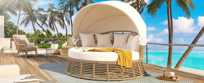<Old SKU: N704G201243A> Outdoor Patio Rattan Round Daybed with Retractable Canopy, Wicker Furniture Round Poolside Sofa Sunbed with Removable Cushions, Backyard, Porch, Beige image 9