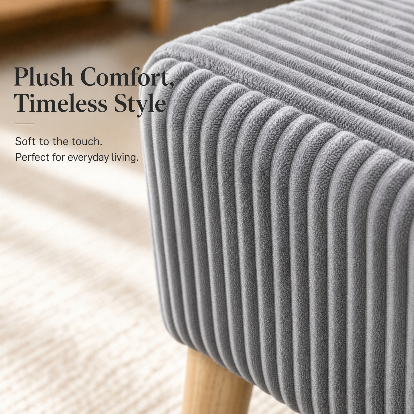 32 inch Wide Olive Grey Corduroy Storage Ottoman Bench with Wooden Legs, Flip-Top Storage Box, Soft Upholstered End of Bed Bench, Footrest & Shoe Bench for Bedroom, Living Room, Entryway image 9