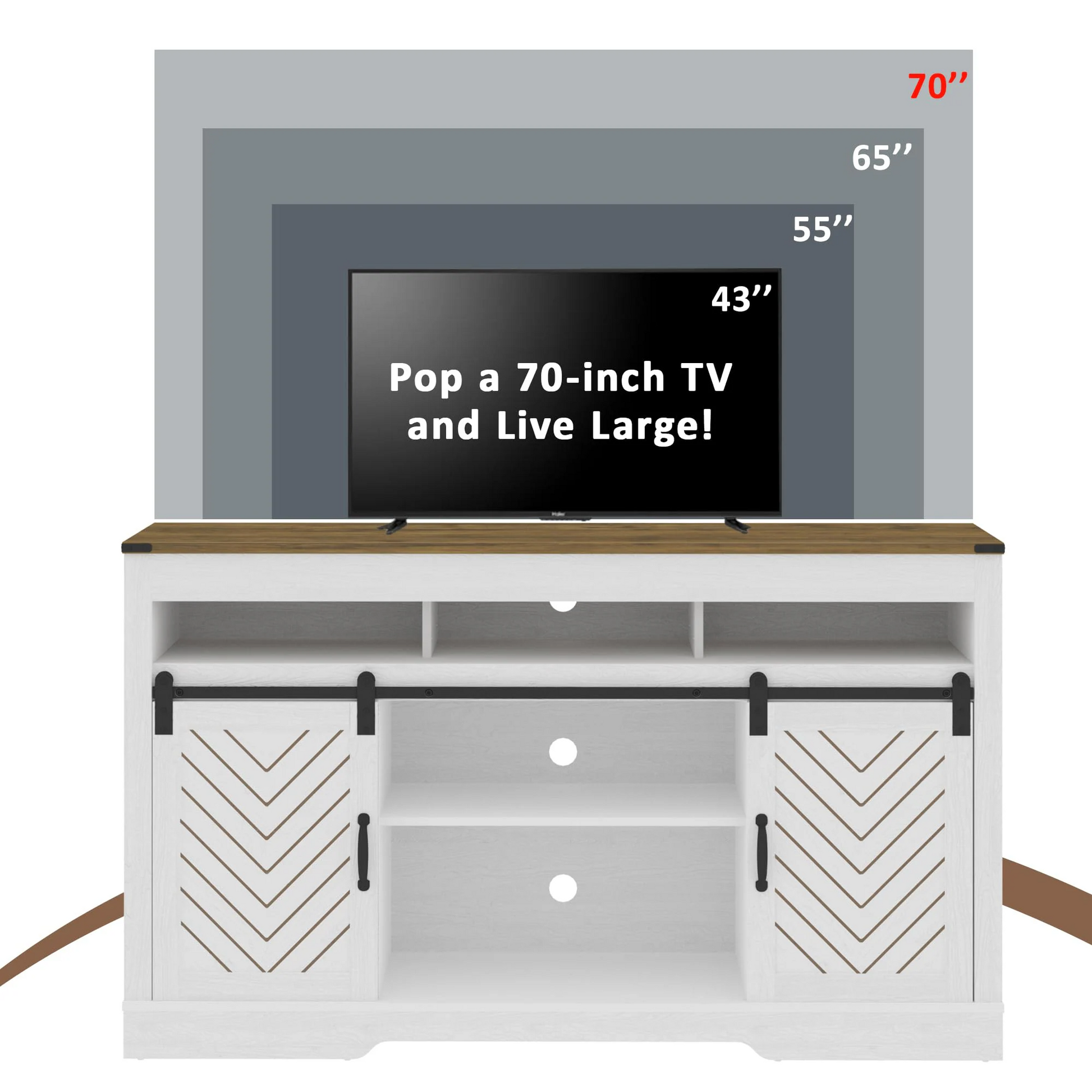Farmhouse TV Stand for 65+ Inch TV, Tall Entertainment Center with Sliding Barn Doors, Rustic Wood Storage Cabinet Television Media Console for Living Room, Bedroom (Wood-Tone and White) image 3