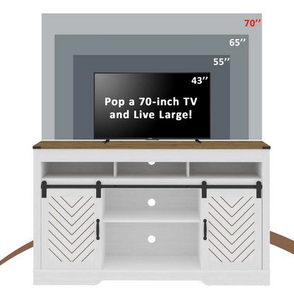 Farmhouse TV Stand for 65+ Inch TV, Tall Entertainment Center with Sliding Barn Doors, Rustic Wood Storage Cabinet Television Media Console for Living Room, Bedroom (Wood-Tone and White) image 3