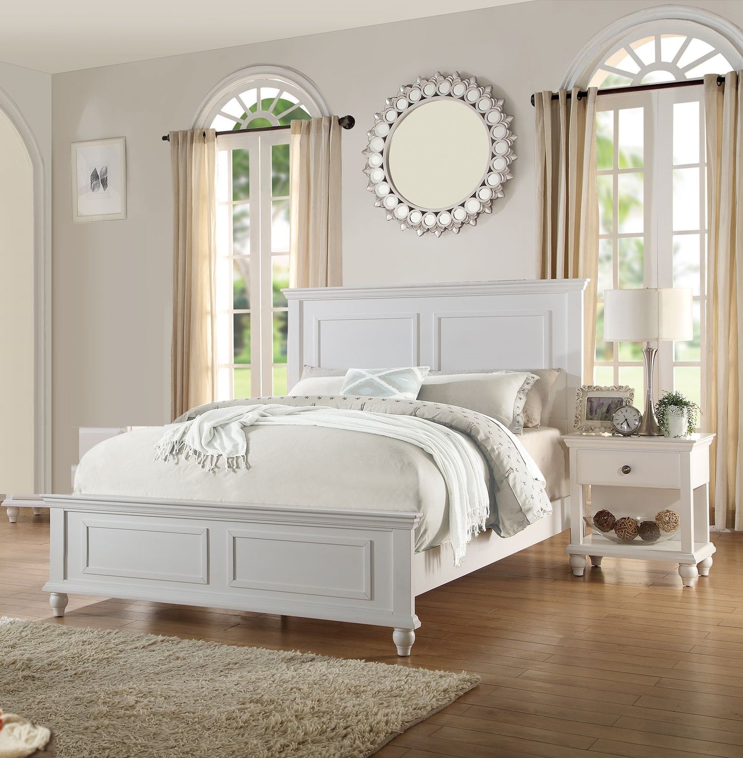 White California King Size Bed 2x Nightstands Panel Headboard Footboard Classic 3pc Bedroom Furniture Set image 1