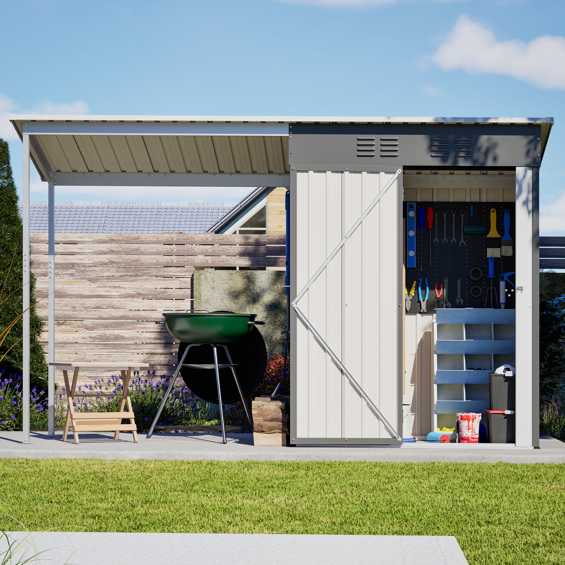Durable 5x3FT Galvanized Steel Shed & Gazebo Combo, Easy Assembly Lean-To Storage with Open Pergola, All-Weather 2-in-1 Garden Shed for Tool Storage, Patio, Backyard image 8