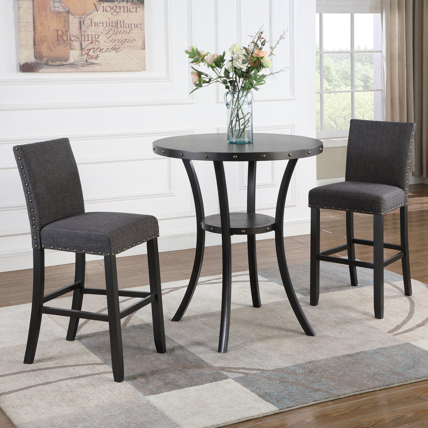 Biony 3-Piece 36" Round Espresso Finish Bar Table with 2 Gray Fabric Nail Head Pub Chairs image 1