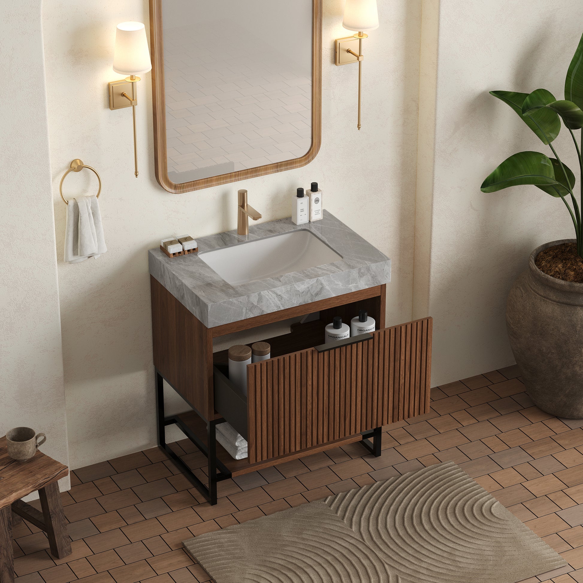 YOLAN 30" Bathroom Vanity&Sink, Freestanding Striped Plywood Storage Cabinet with Drawer&Open Shelf, Light Gray Sintered Stone Top&Undermount Ceramic Basin, Pre-assembled, Dark Walnut Woodgrain Color image 2