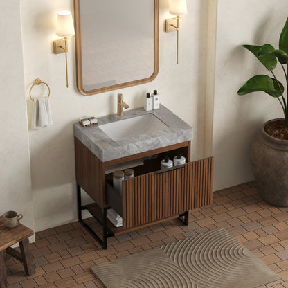 YOLAN 30" Bathroom Vanity&Sink, Freestanding Striped Plywood Storage Cabinet with Drawer&Open Shelf, Light Gray Sintered Stone Top&Undermount Ceramic Basin, Pre-assembled, Dark Walnut Woodgrain Color image 2