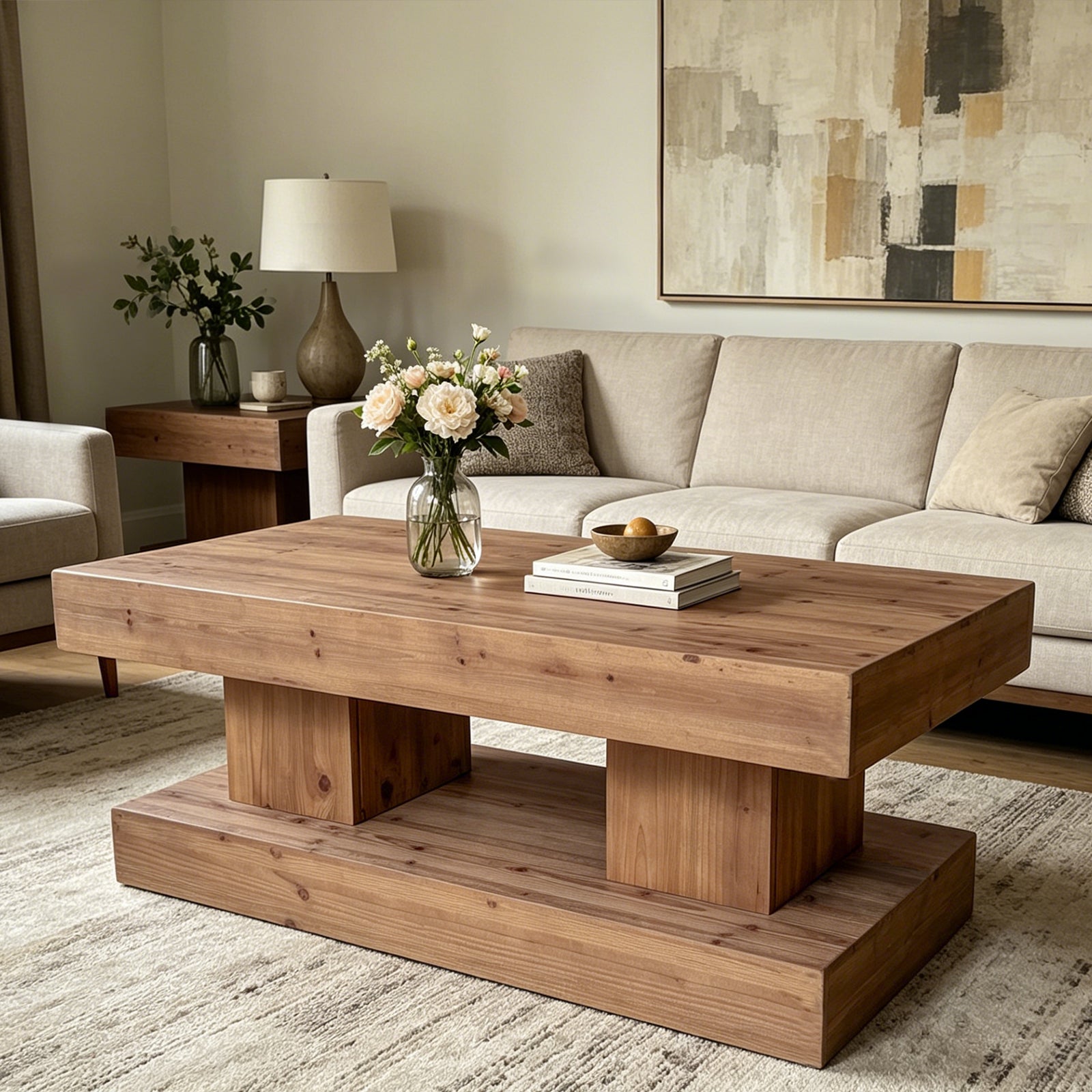 47.24"Natural solid wood coffee table with thick top and double pillar base. Classic rustic & minimalist style, sturdy and practical. image 3