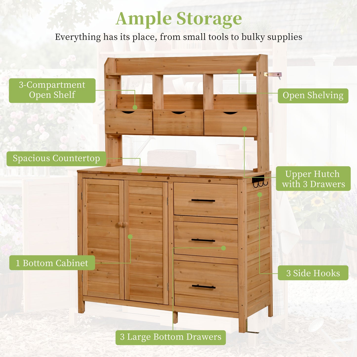 (With Assembly Video) TOPMAX Farmhouse Patio Potting Bench, 44.6''x19.5'' Large Freestanding Garden Workstation with 6 Drawers, Bottom Cabinet and Side Hook, Outdoor Kitchen Island, Natural Wood image 4