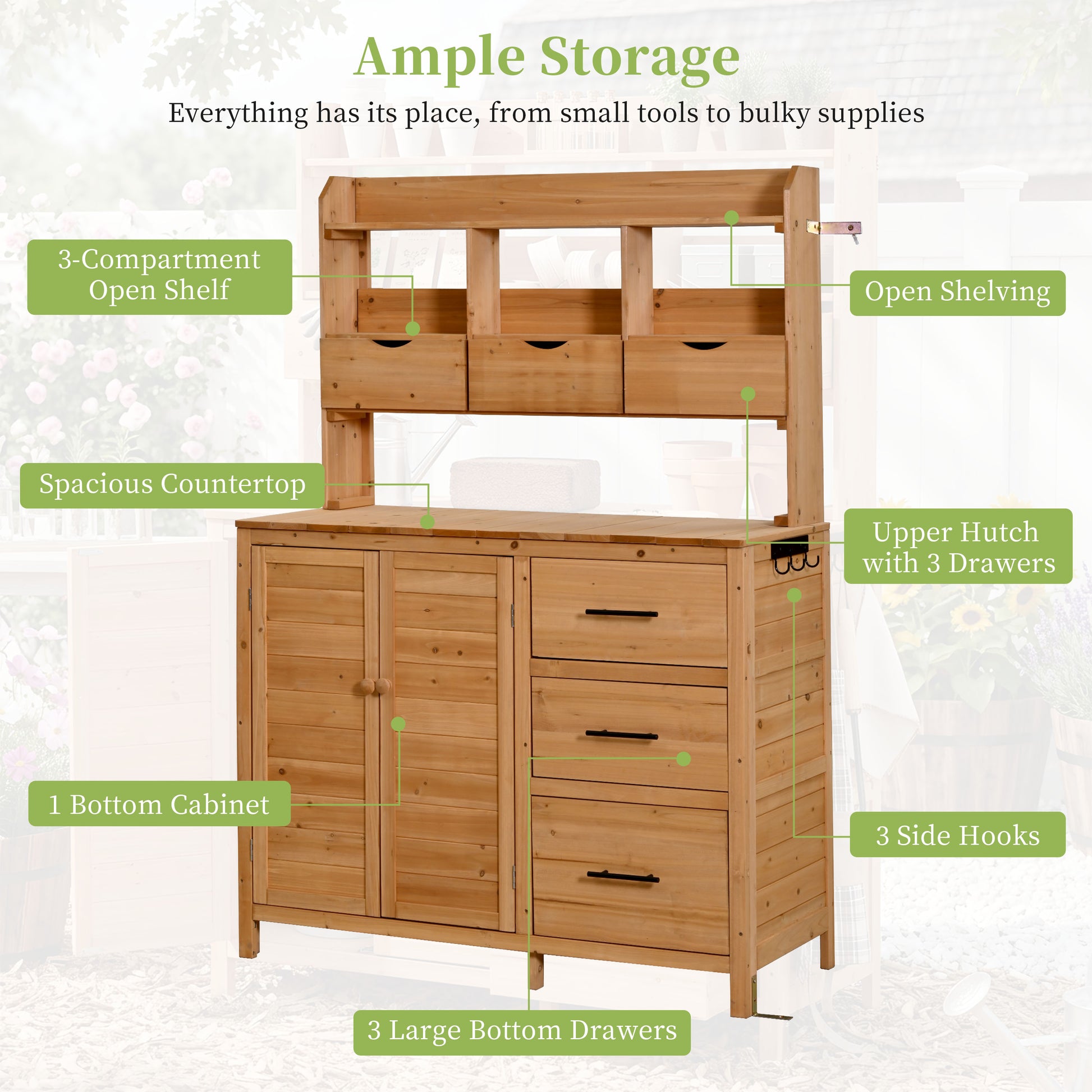 (With Assembly Video) TOPMAX Farmhouse Patio Potting Bench, 44.6''x19.5'' Large Freestanding Garden Workstation with 6 Drawers, Bottom Cabinet and Side Hook, Outdoor Kitchen Island, Natural Wood image 4