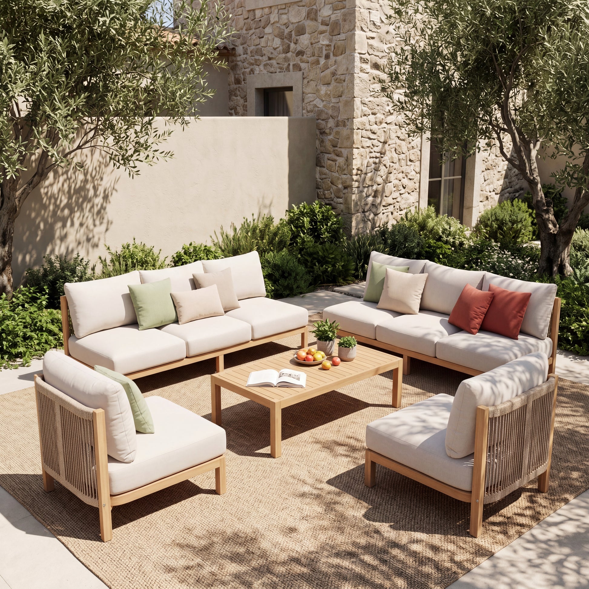5 Piece Set Acacia wood Outdoor Sofa Set, outdoor rope-woven chair, deep seat design with soft cushion, suitable for porches, gardens, backyards, and balconies (Light Teak + Beige Rope + Beige Cushion image 1