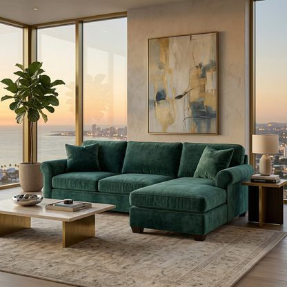 Irlanda Sectional – Made in USA, Custom Fabric Options, L-Shaped Sectional Wholesale Sectional Furniture - Velvet Antique Kelly Green - Velvet image 11