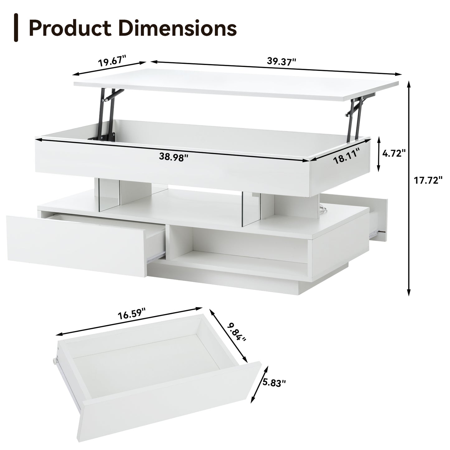 39.3" Lift Top Coffee Table with Hidden Compartment, 2 Storage Drawers and Ajustable LED Lights,Modern Multifunction Coffee Tables for Living Room, Bedroom,Office(White) image 3