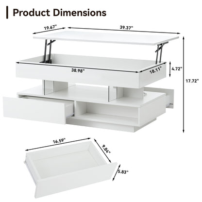 39.3" Lift Top Coffee Table with Hidden Compartment, 2 Storage Drawers and Ajustable LED Lights,Modern Multifunction Coffee Tables for Living Room, Bedroom,Office(White) image 3