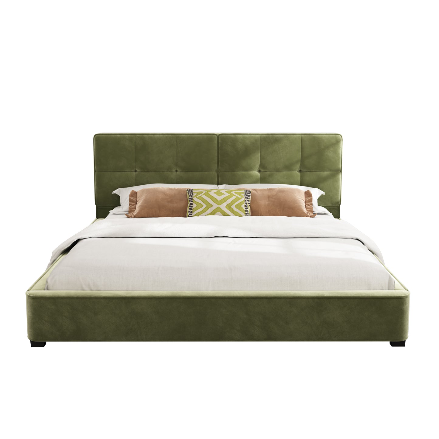 King Size Velvet Bed Frames, Upholstered Platform Bed with Curved Tufted Headboard, Soft Square Corners, Olive Green image 9