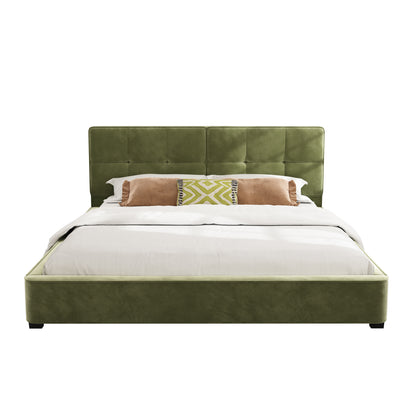King Size Velvet Bed Frames, Upholstered Platform Bed with Curved Tufted Headboard, Soft Square Corners, Olive Green image 9