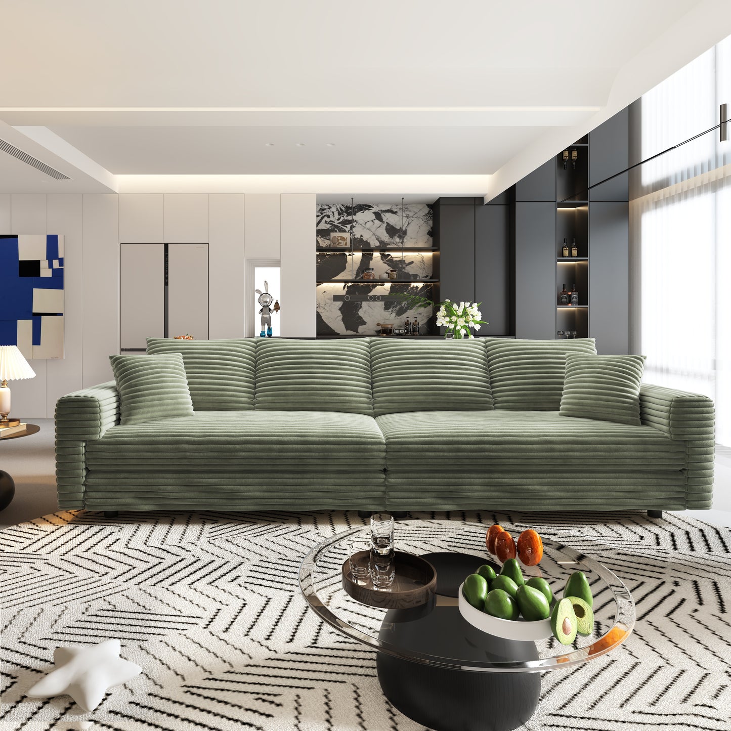 102.4 " Plush Corduroy 4-Seat Sofa,Modern Comfy Upholstered Sofa Cloud Couch,Deep Seat Couches with Soft Pillows,Convertible Deep Seat Sofa Lounge Chair for Apartment,Office,Green(Old Sku:W1885P346910 image 2