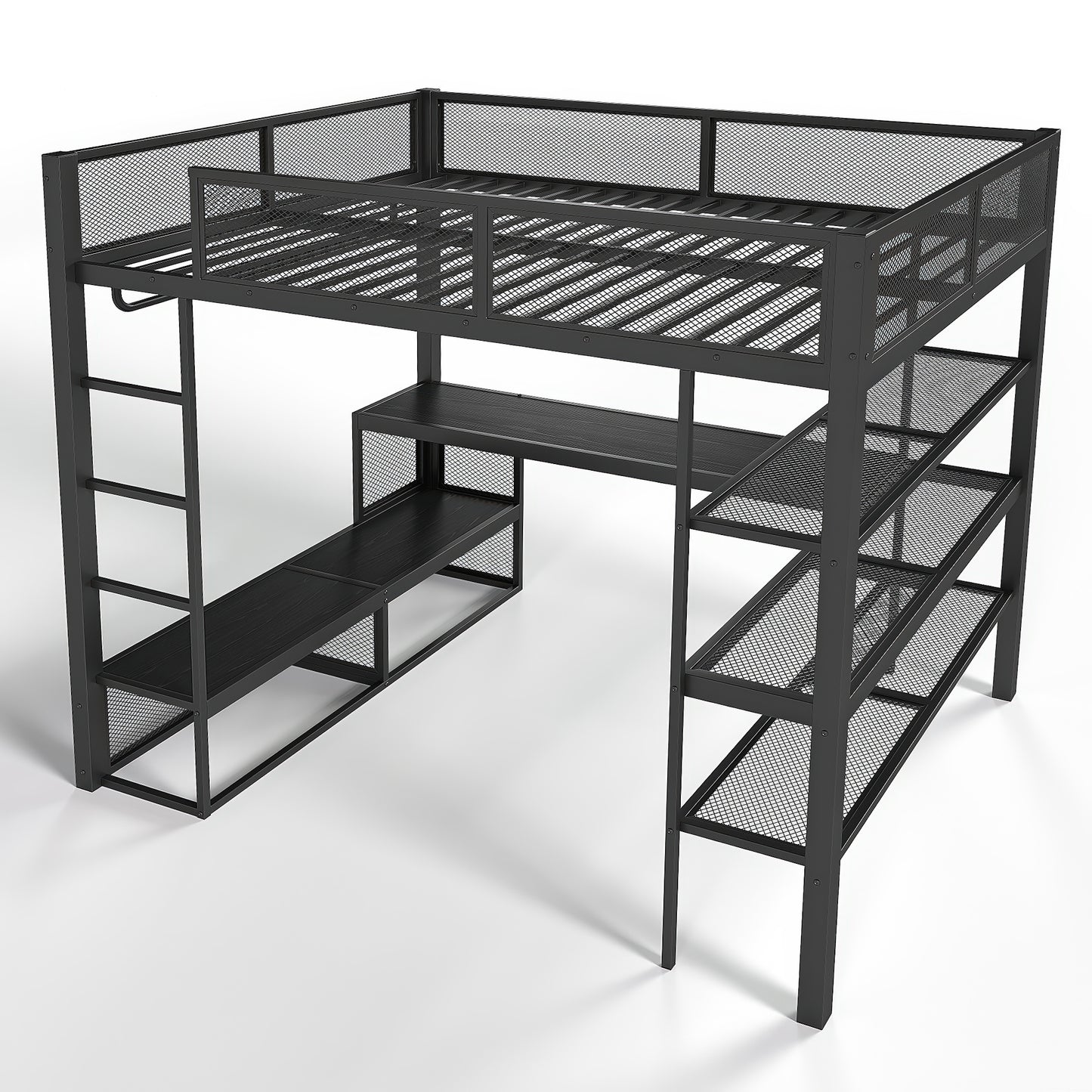 Queen Size Loft Bed with Storage Shelves, Metal Loft Bed with Clothes Hanging Rod and Desk, No Box Spring Needed Design, Black image 8