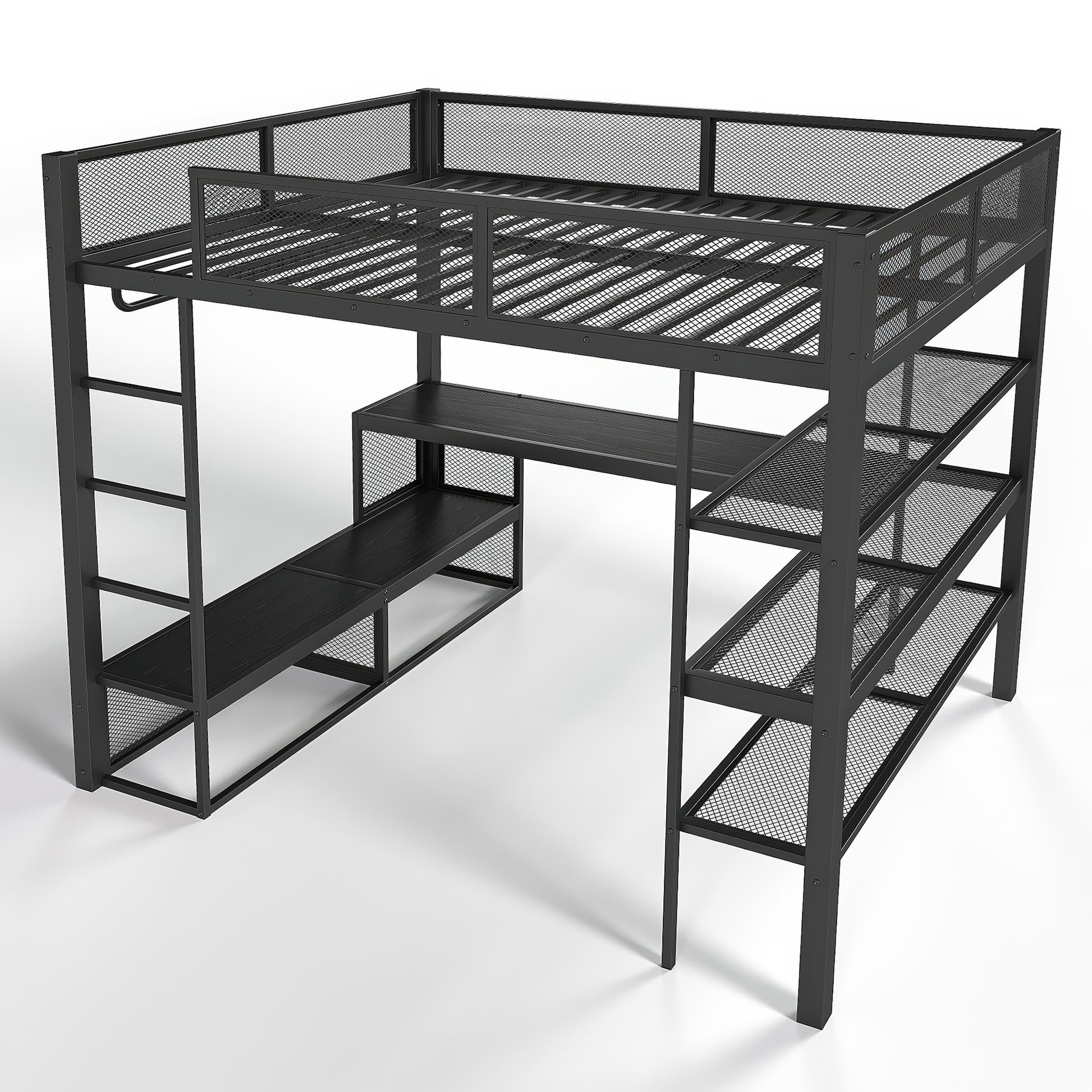Queen Size Loft Bed with Storage Shelves, Metal Loft Bed with Clothes Hanging Rod and Desk, No Box Spring Needed Design, Black image 8