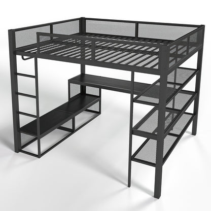 Queen Size Loft Bed with Storage Shelves, Metal Loft Bed with Clothes Hanging Rod and Desk, No Box Spring Needed Design, Black image 8