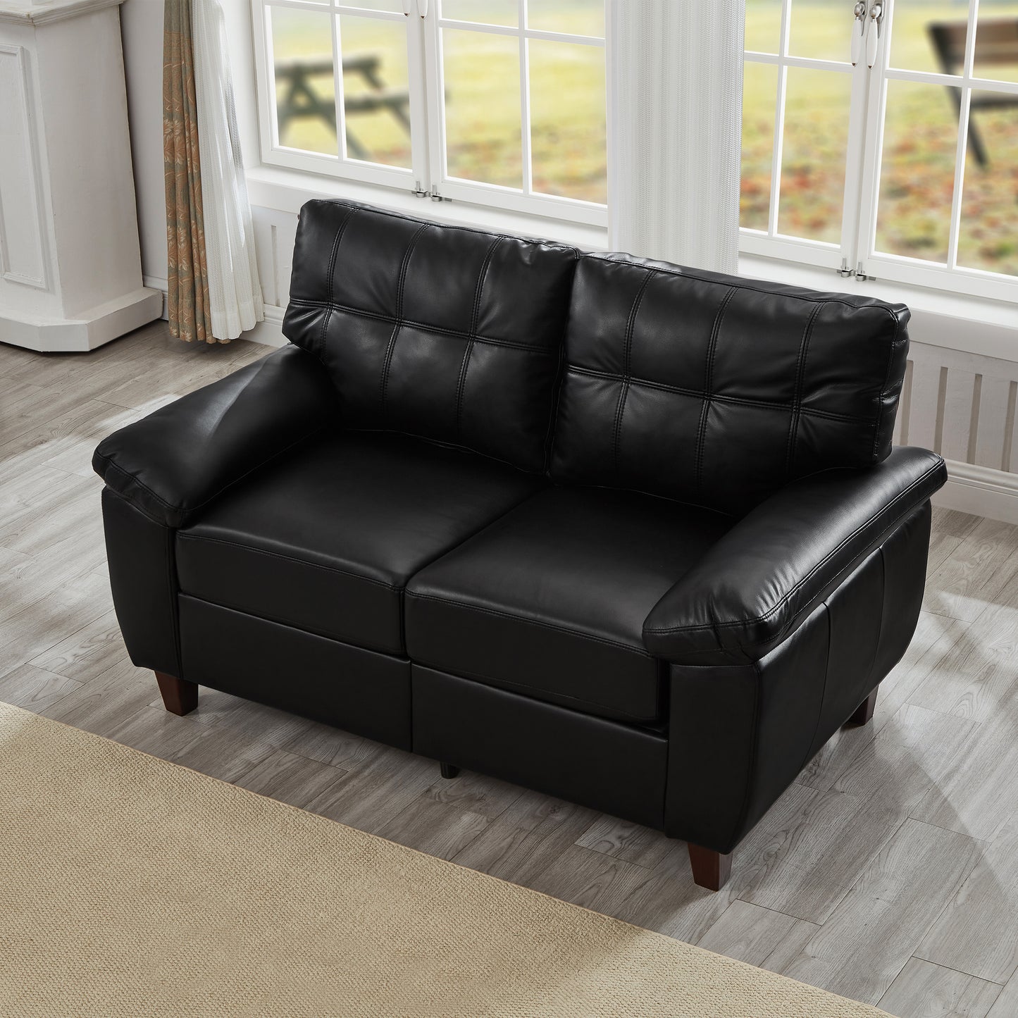 59" Loveseat Modern Design Faux Leather Couch,Living Room Sofa with Storage,Big Armrest Sofa,Upholstered Breathable PU Leather Sofa,Black image 3