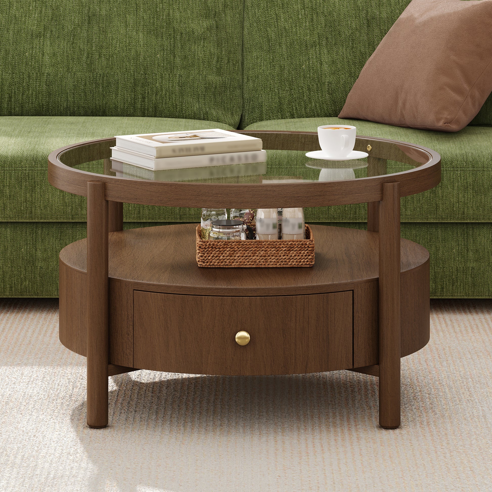Solid Wood Round Glass Top Coffee Table with Storage Drawer, 2-Tier Mid Century Modern Circular Center Table, Walnut Wooden Cocktail Table for Living Room image 3