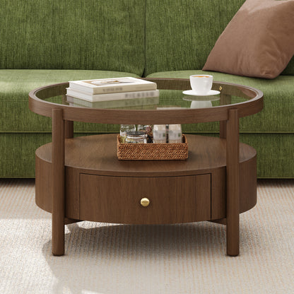 Solid Wood Round Glass Top Coffee Table with Storage Drawer, 2-Tier Mid Century Modern Circular Center Table, Walnut Wooden Cocktail Table for Living Room image 3