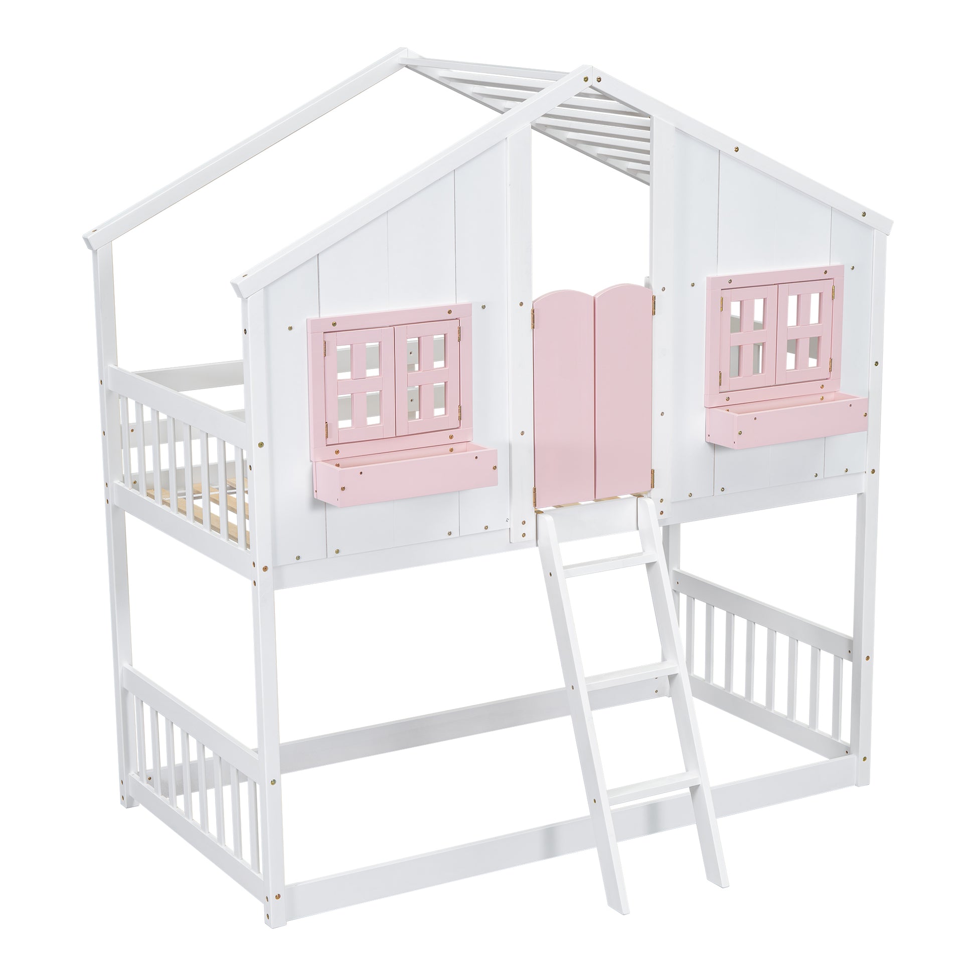 Twin over Twin House Bunk Bed with Roof, Window, Window Box, Door, with Safety Guardrails and Ladder, Pink/White image 3