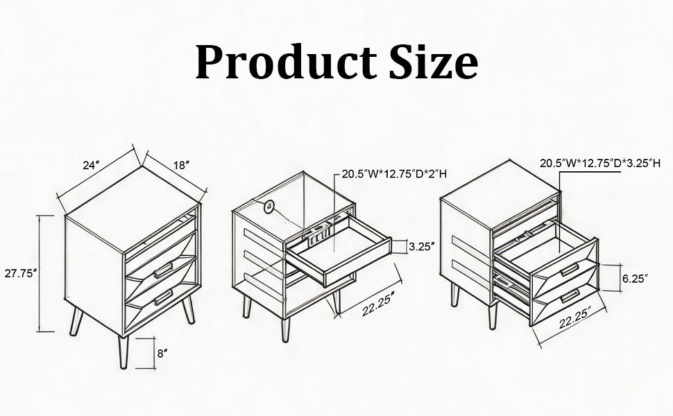 Open drawer of wood nightstand showing storage space