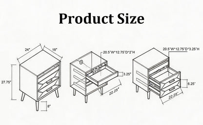 Open drawer of wood nightstand showing storage space