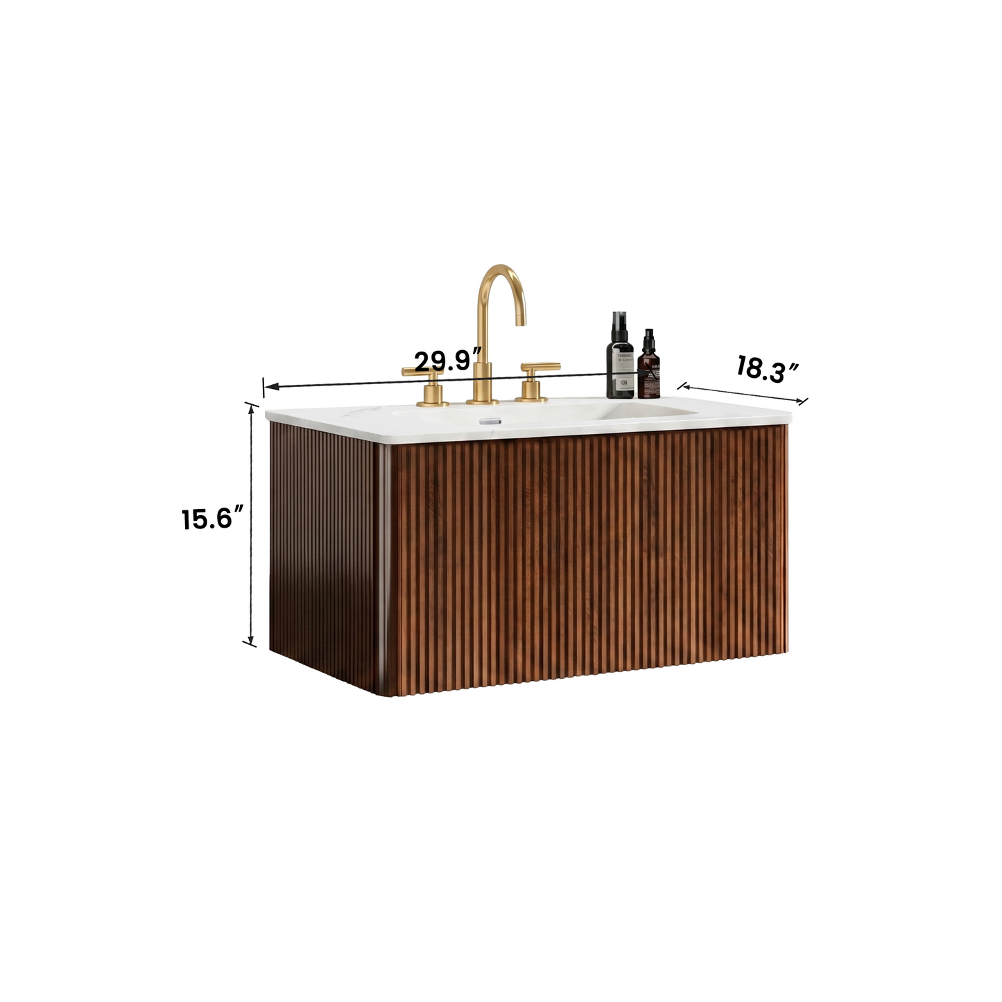Etna 30" Striped Walnut Bathroom Vanity with Carrara White Ceramic Sink, Wall Mounted Floating Bathroom Vanity for Modern Bathroom, KD image 7