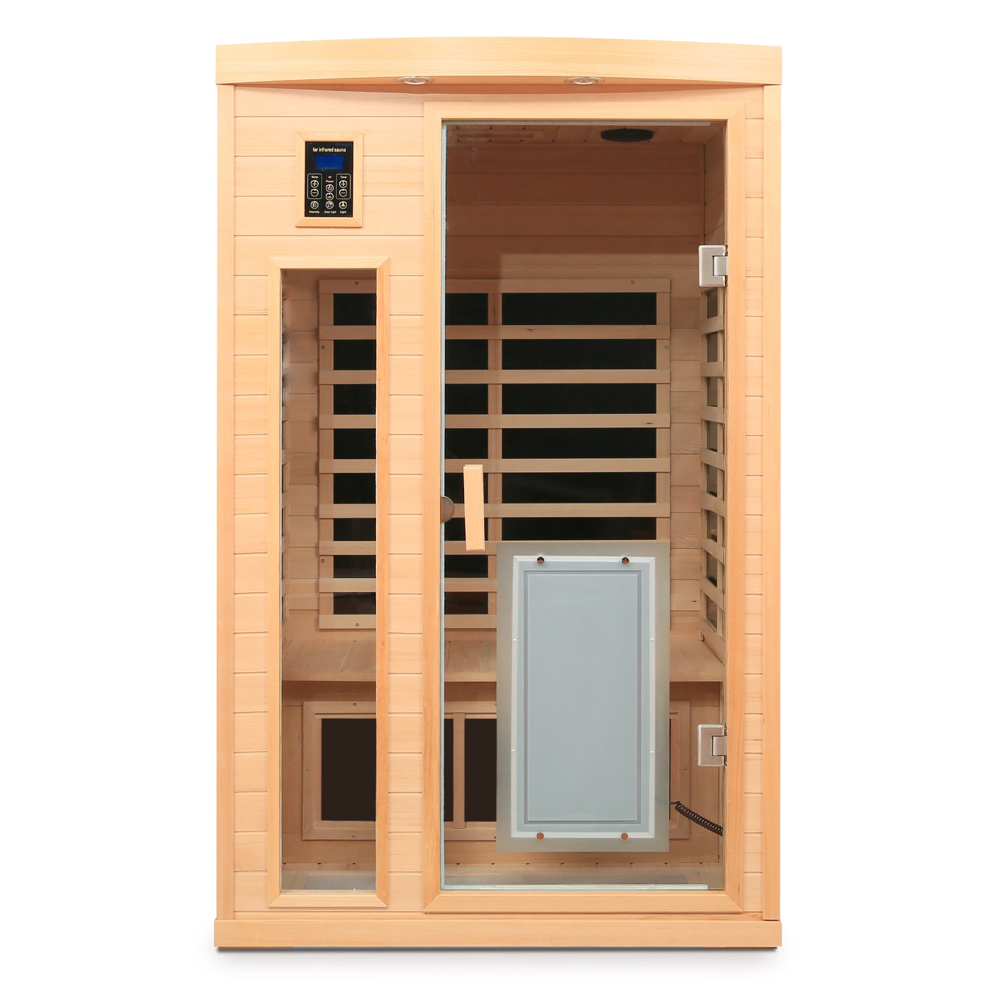 Low EMF, There is also a heating plate on the glass door, Hemlock wood Far-infrared indoor Two person sauna room image 6