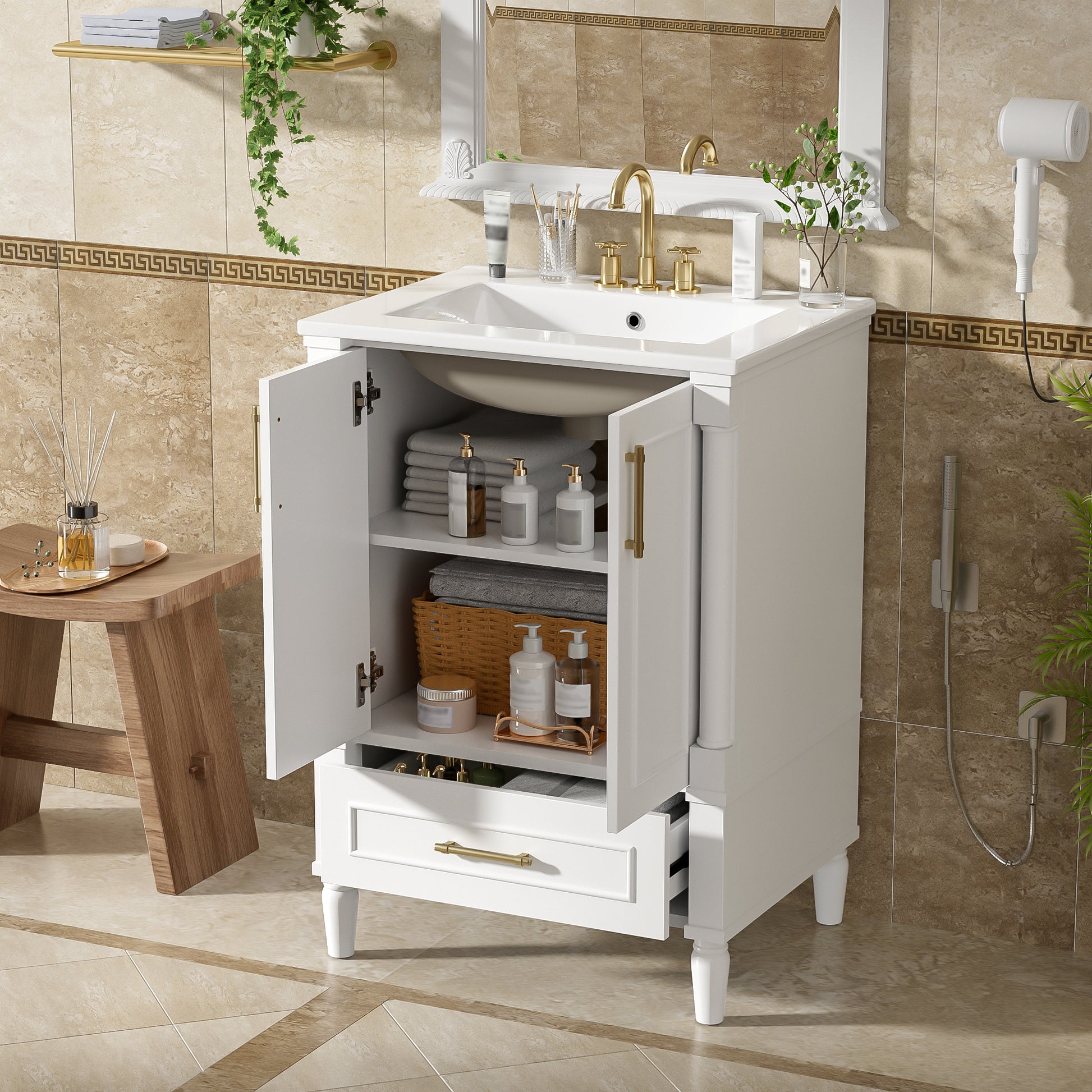 24" Modern Bathroom Vanity with Ornate Motif Design & Soft-Close Hinges, Bathroom Cabinet with Drawer and Back Open Structure, Ornately Carved French Cylinder Legs image 4