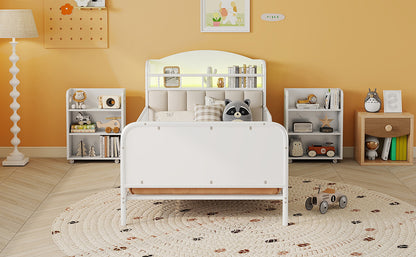Twin Size Metal Platform Bed Frame with Light, Kids Twin Metal Bed with Upholstered and Pull Out Storage Shelves, White (Expect Arrival Date 2025/10/5) image 9