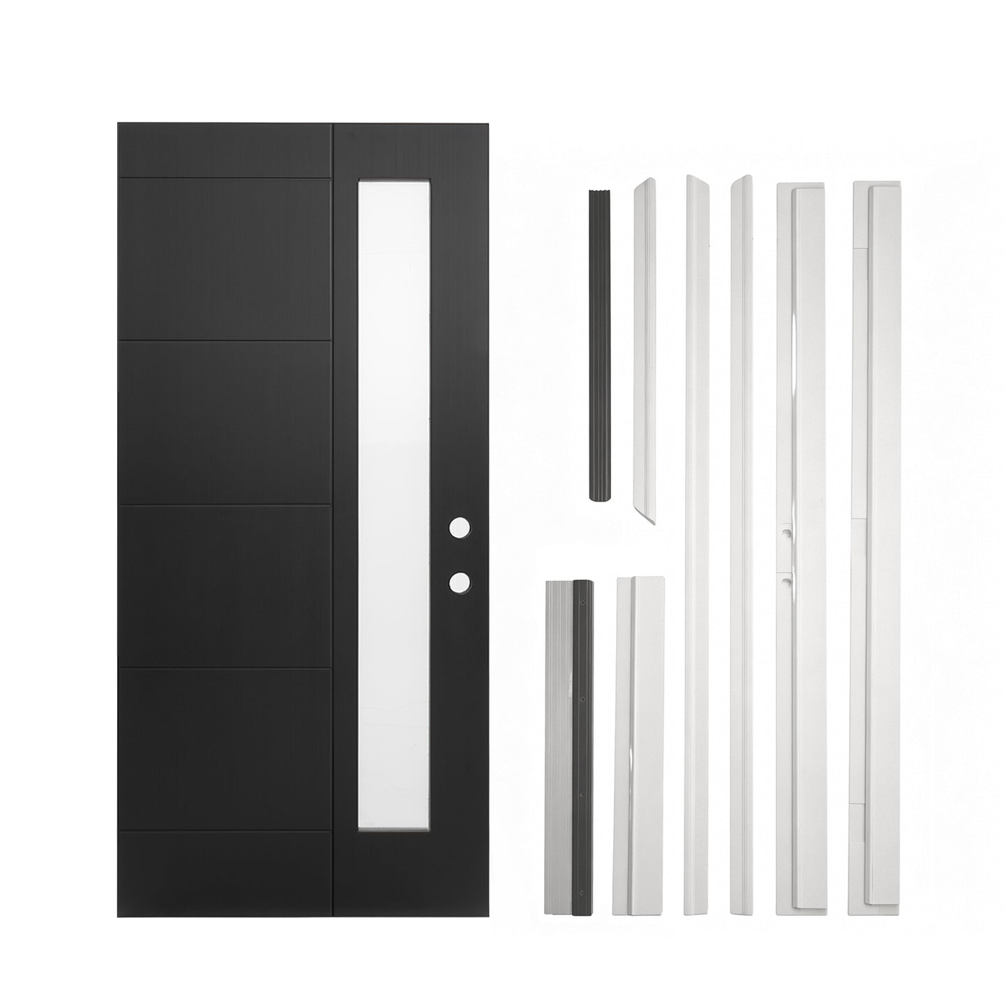 36"x80" Fiberglass Front Door with White 4-9/16" PVC Frame,Left-Hand Inswing Exterior Door with Brickmould,Contemporary minimalist brushed skin & Grooved line with frosted glass for Home Entrance, Bla image 4
