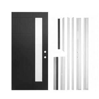 36"x80" Fiberglass Front Door with White 4-9/16" PVC Frame,Left-Hand Inswing Exterior Door with Brickmould,Contemporary minimalist brushed skin & Grooved line with frosted glass for Home Entrance, Bla image 4