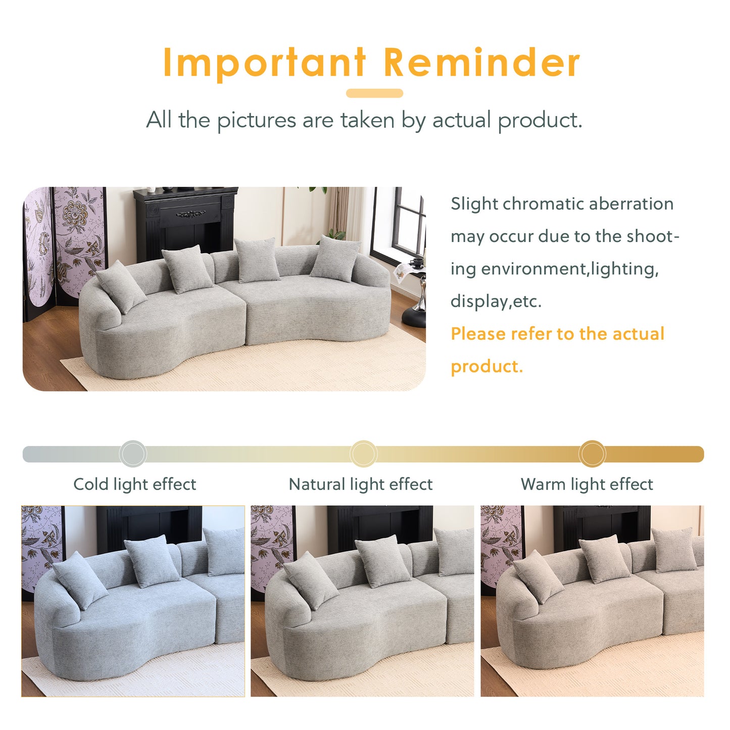 Curved Boneless Sofa,Compression Modular 110'' Sectional,Grey High-Density,Couches Sleeper for Living Room Bedroom Apartment Lounge,Chenille image 7