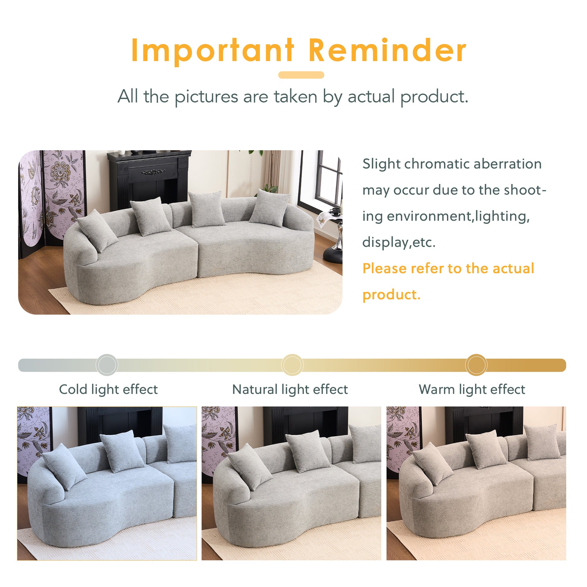 Curved Boneless Sofa,Compression Modular 110'' Sectional,Grey High-Density,Couches Sleeper for Living Room Bedroom Apartment Lounge,Chenille image 7